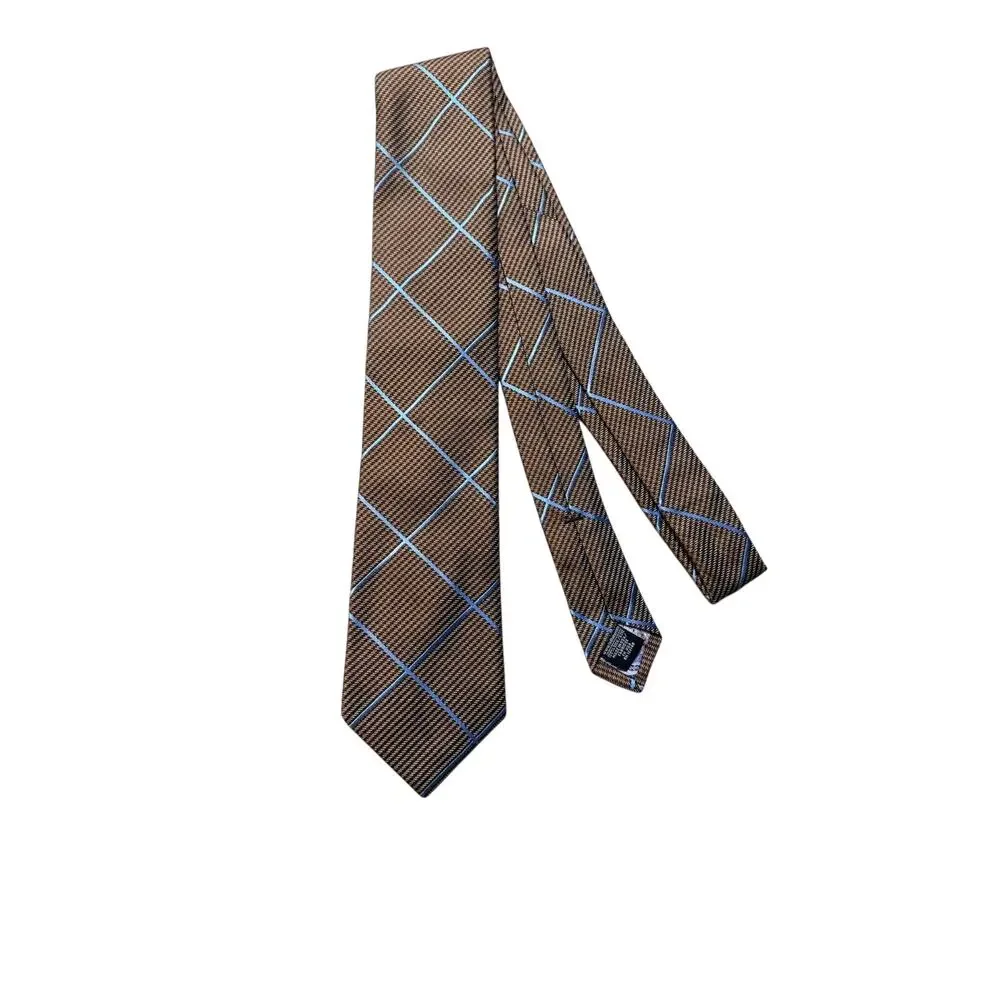 Ted Baker London Brown & Blue Plaid Check 100% Silk Necktie